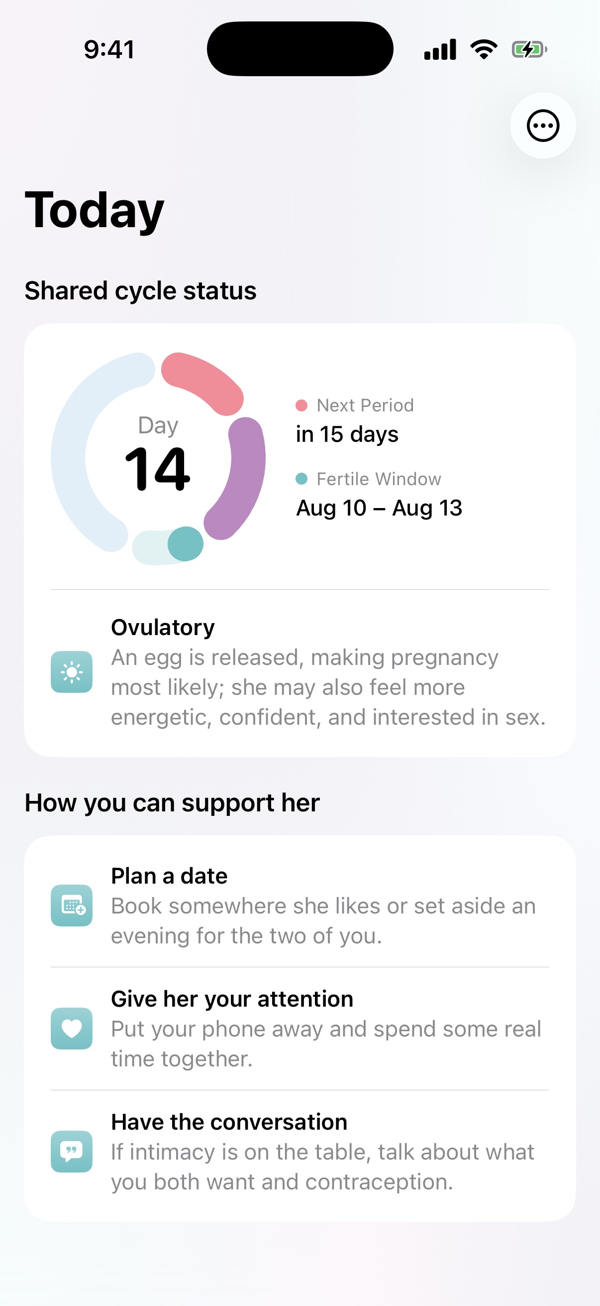 Ovuly Partner Mode with cycle status and support guidance